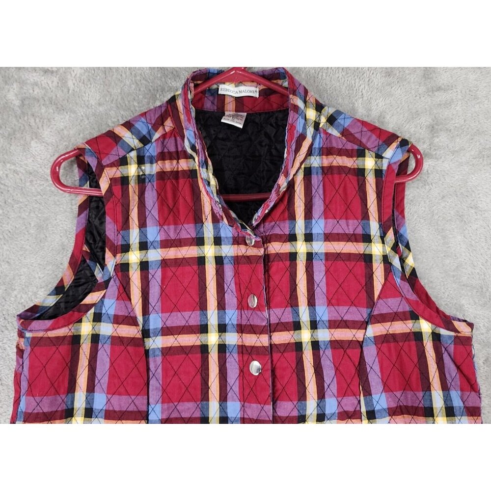 Rebecca Malone Vest Womens Medium Red Plaid Quilted Snap On Sleeveless Vintage - Picture 7 of 11